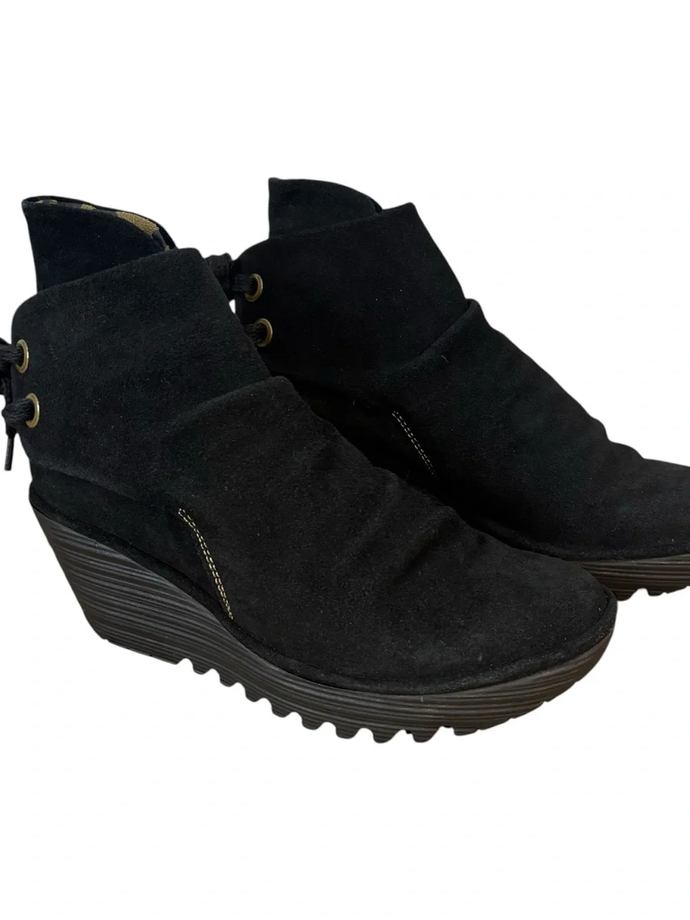 Fly London Womens Wedge Ankle Boots Shoes Black Suede Tie Back US 8.5 EU 39